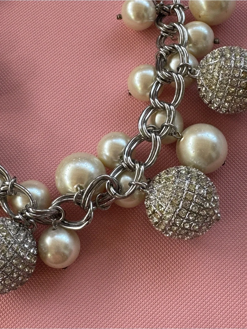 Pearl and Pave Ball Charm Statement 8 inch Necklace - Silver-toned, GUC